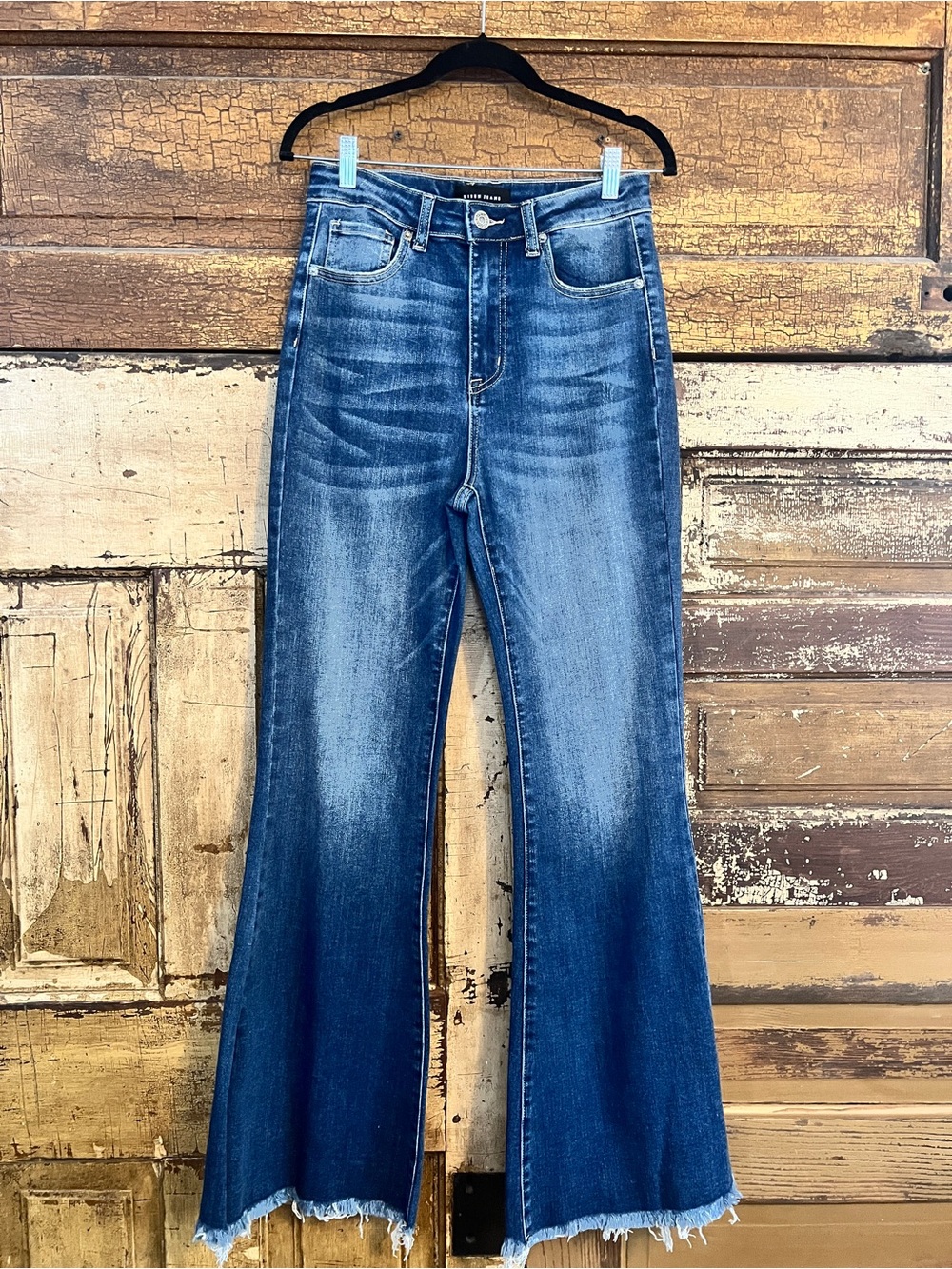 RISEN High Rise Extreme Flare Jeans | Raw Hem Stretch Denim | Size 28 | NWOT - Picture 1 of 6